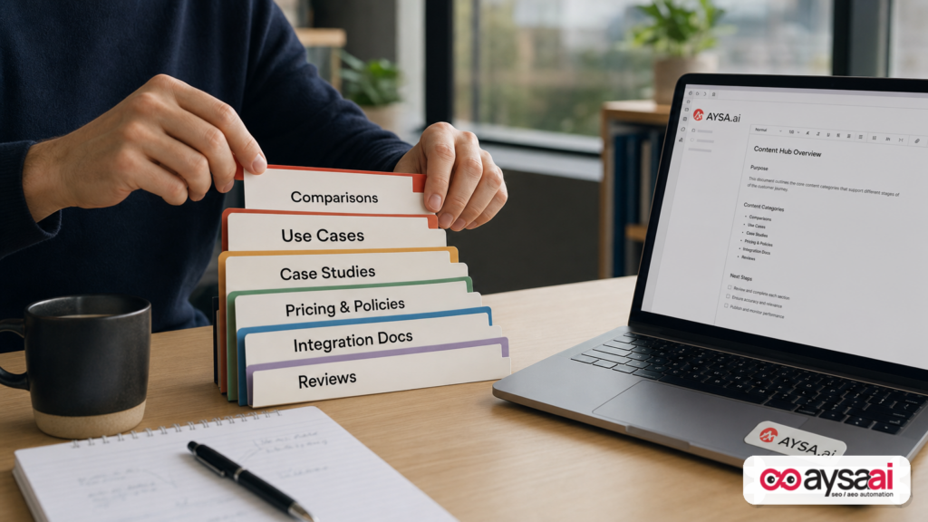 Founder organizing a stack of content asset cards representing an independent proof content strategy.