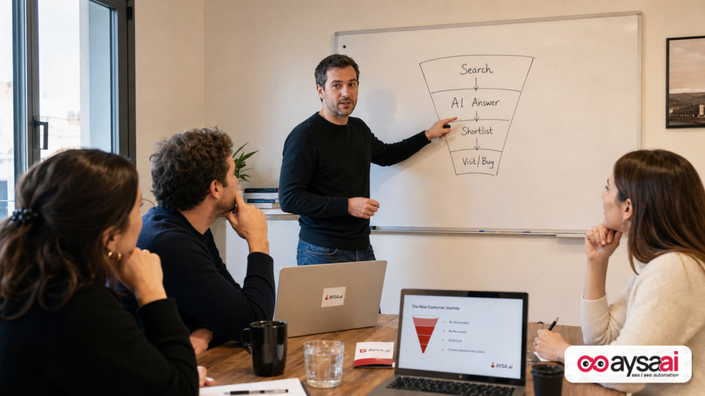 Founder presenting an AI search funnel where shortlisting happens inside the AI answer.