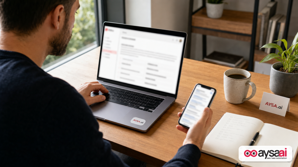 Founder researching a topic using AI search then reviewing a detailed guide on a website.