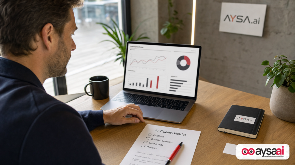 Founder reviewing AI visibility metrics on a checklist next to a laptop.