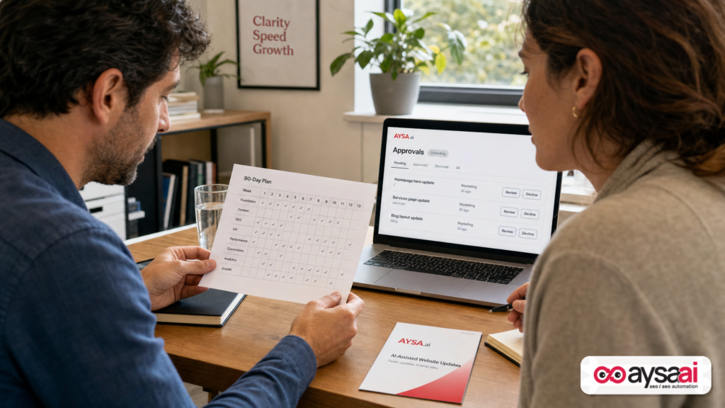 Founder reviewing a 90-day plan checklist with an approvals queue on a laptop.