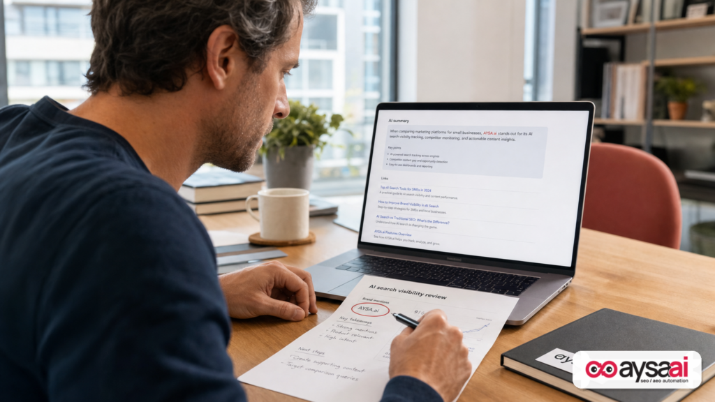 Founder reviewing a search result page with an AI answer area above traditional links