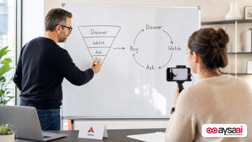 Founder sketches a compressed ecommerce funnel from discovery to purchase during a live shopping planning session.