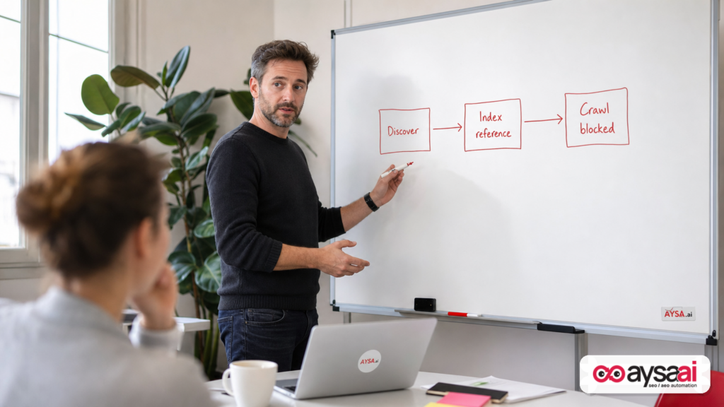 Founder sketching a simple discovery-to-indexing-to-crawl model on a whiteboard.