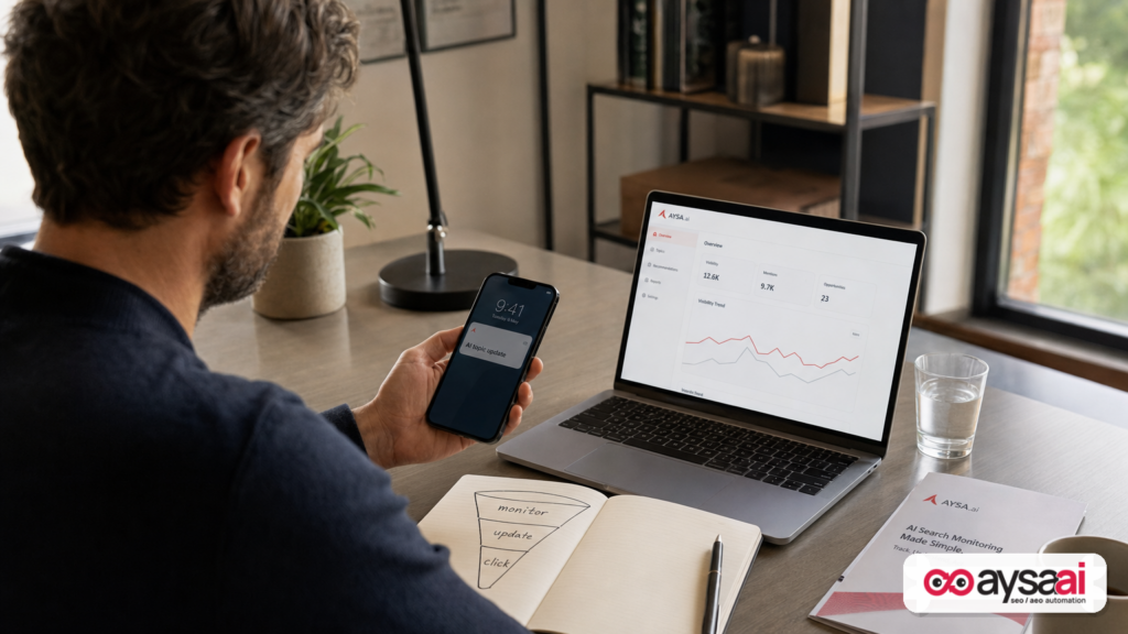 Founder viewing a phone notification about an AI topic update while planning marketing actions.