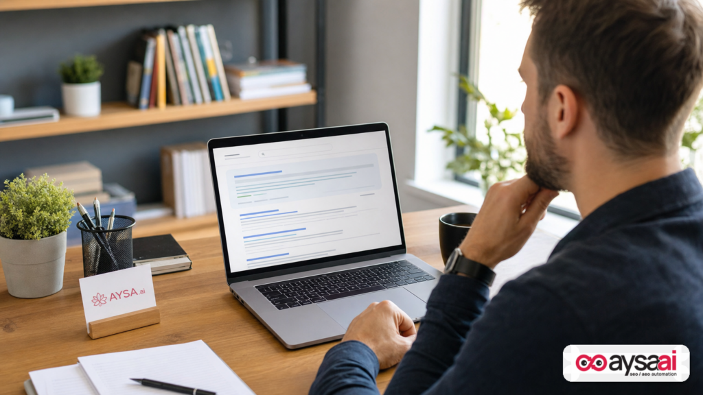 Founder viewing a search results page with an AI summary block above traditional results.