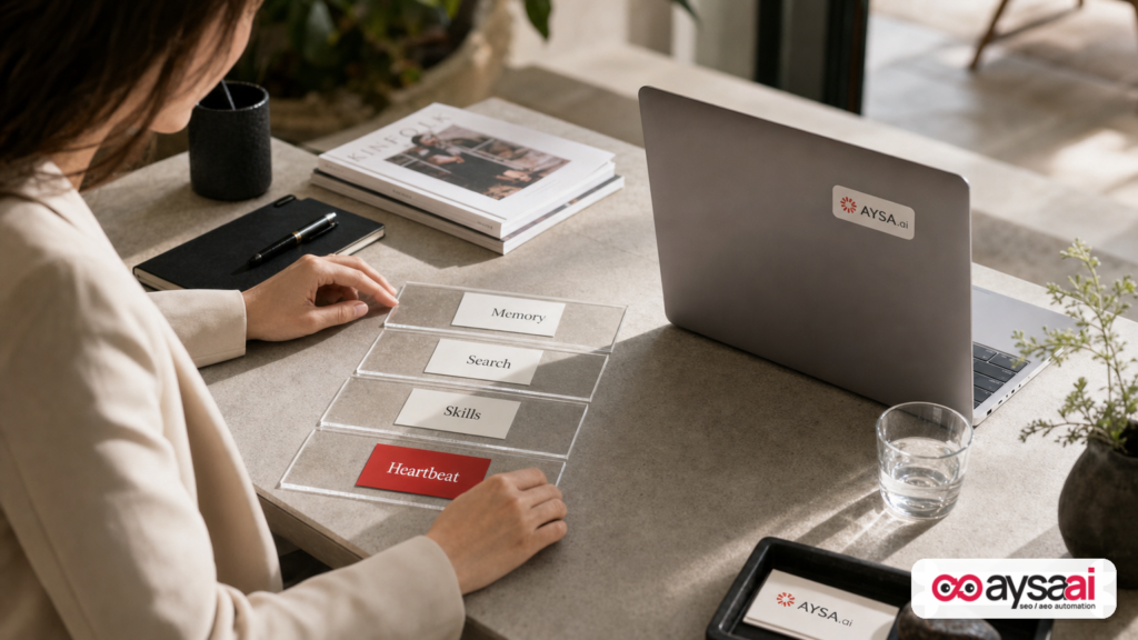 Four labeled layers—Memory, Search, Skills, Heartbeat—stacked to represent an AI second-brain architecture.
