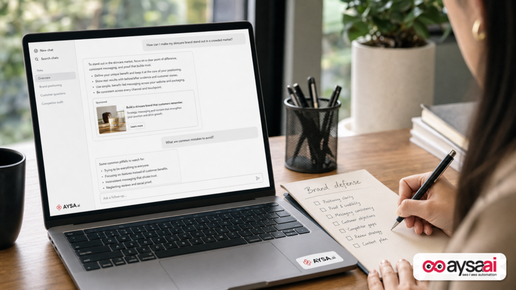 Generic chat interface mockup showing a sponsored card embedded in an AI answer.