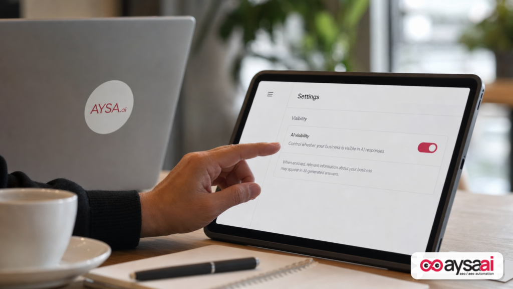 Hand reviewing an AI visibility settings toggle on a tablet in a modern office.