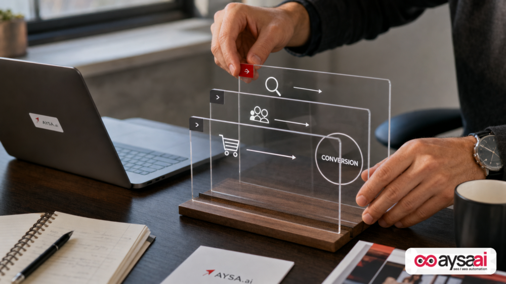 Hands aligning three transparent layers representing search, social, and marketplace attribution into one conversion view.