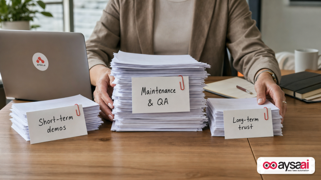 Hands balancing paperwork representing short-term demos versus long-term trust and maintenance.