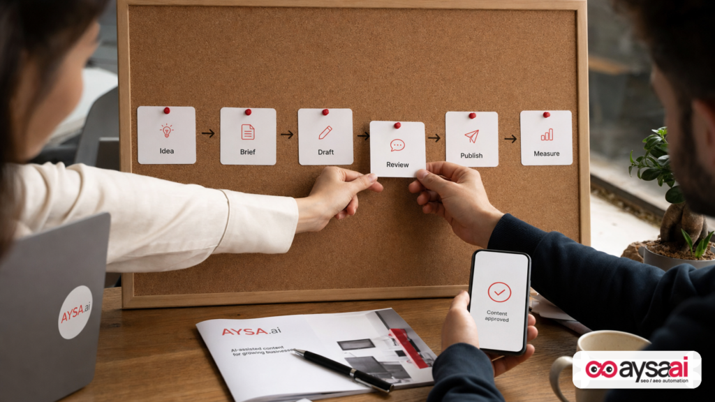 Hands moving a content task card through a review step in a workflow board.