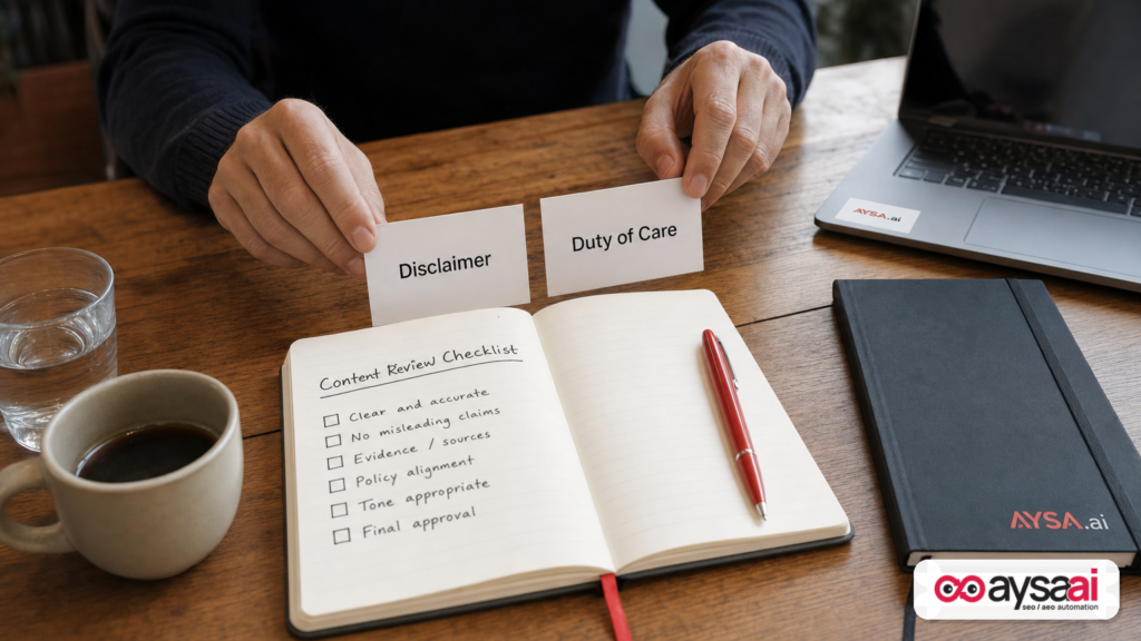 Hands placing cards labeled Disclaimer and Duty of Care on a desk beside a checklist notebook