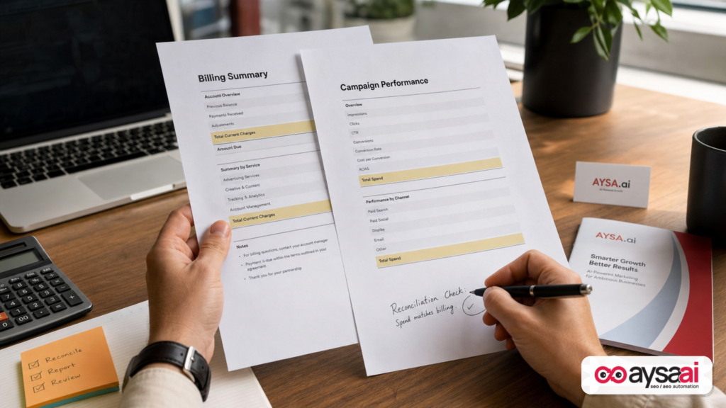 Hands reconciling billing and campaign performance documents with highlighted lines.