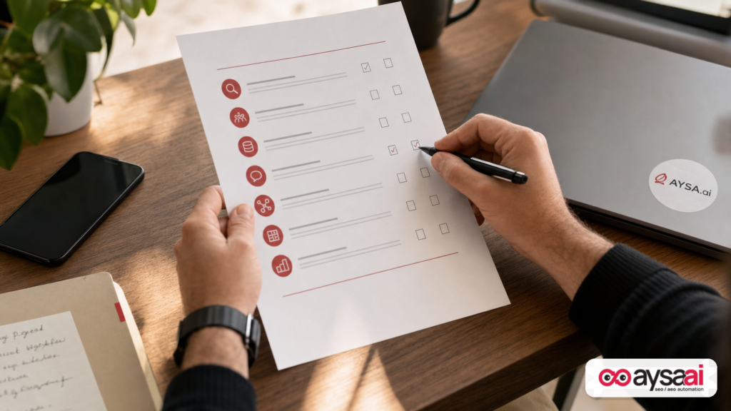 Hands reviewing an automation readiness checklist next to a laptop.