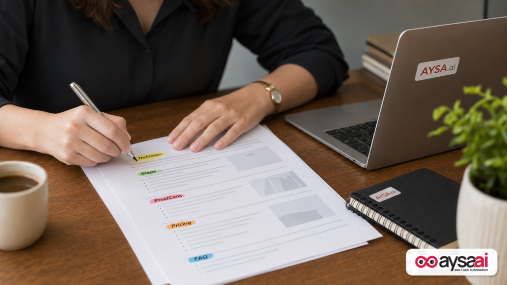 Highlighted content draft organized into definition, steps, pros and cons, and FAQ for AI extractability.