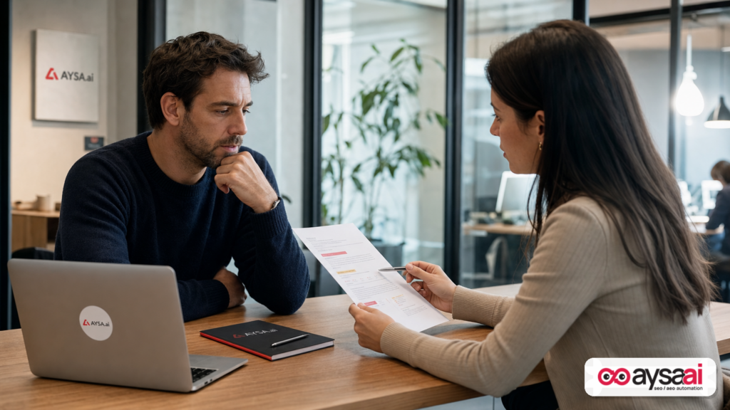 Hiring manager interviewing an SEO candidate using a practical case study rather than trivia questions.