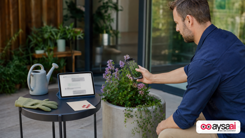 Homeowner using a phone camera to get AI-assisted search help with a patio planter.