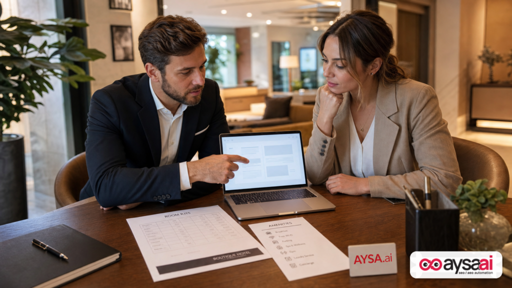 Hotel manager reviewing an AI-generated answer about the hotel on a laptop.