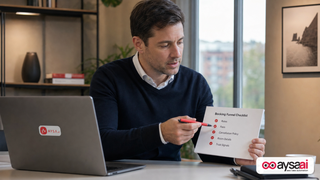 Hotel revenue manager reviewing a booking funnel checklist on a laptop.