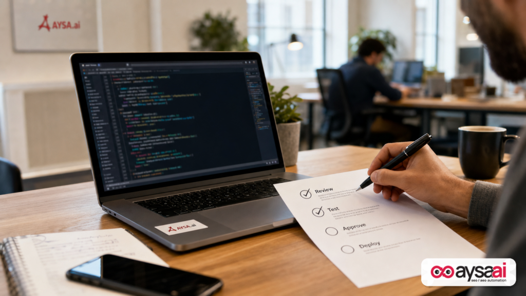Human reviewing an AI-assisted automation checklist before deployment