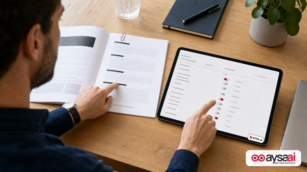 Human style guide beside a structured checklist representing machine-readable instructions.