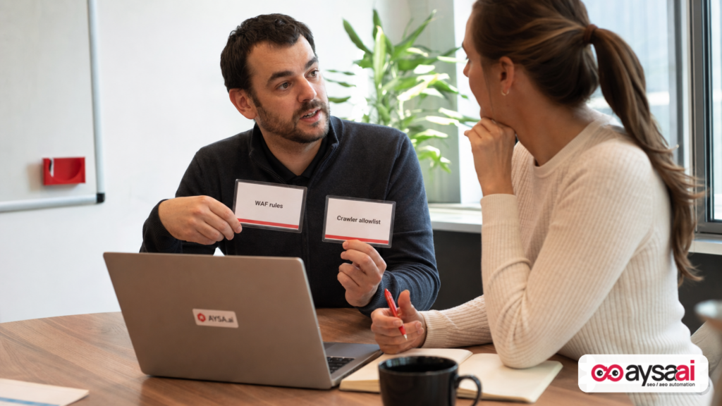IT admin and marketing lead discussing how WAF rules and crawler allowlists can conflict and block Google crawling.