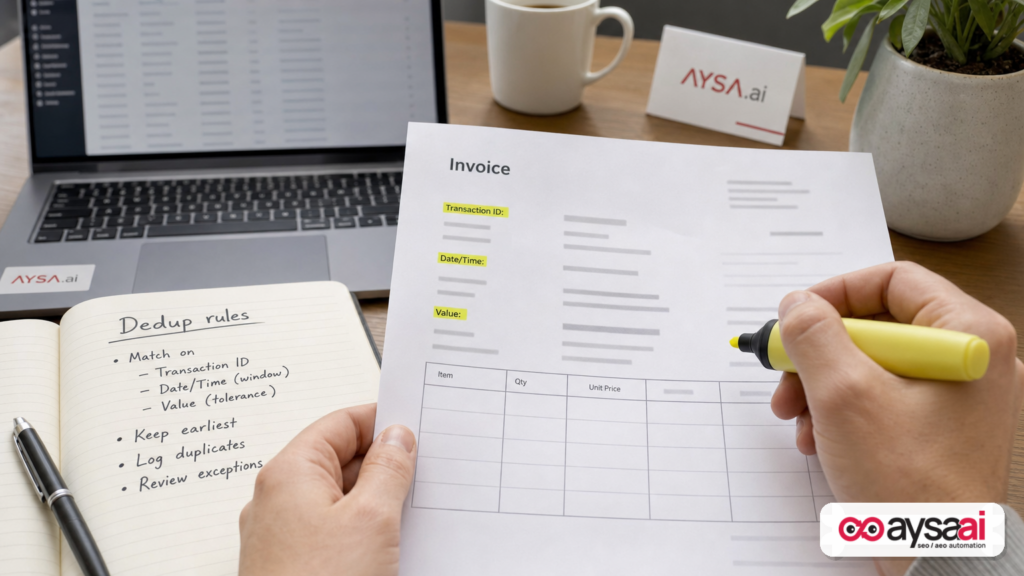 Invoice fields highlighted to show transaction ID and timestamp used for deduplication