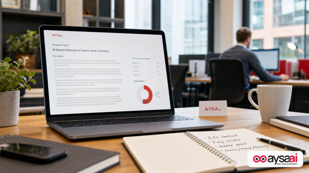 Laptop and notebook summarizing key metrics and methodology from an AI traffic study.