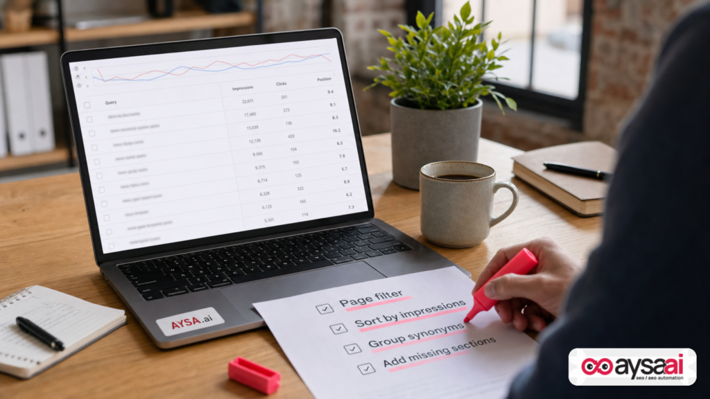 Laptop and printed checklist illustrating a Search Console-style workflow for finding query opportunities.
