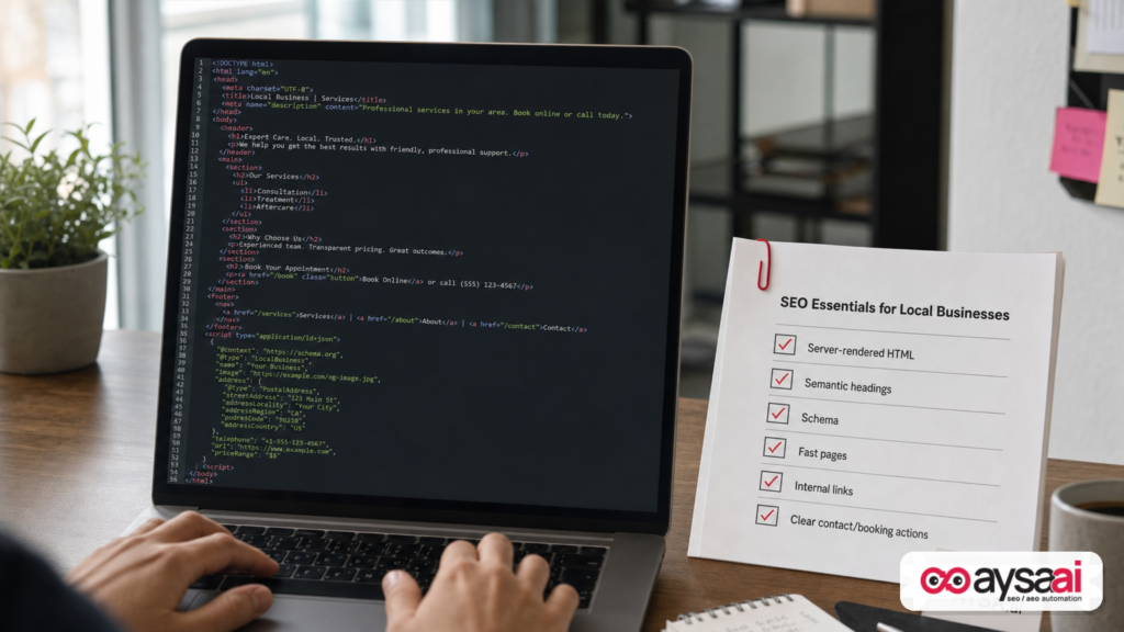 Laptop and printed checklist showing core requirements for an agent-ready website such as server-rendered HTML and schema.