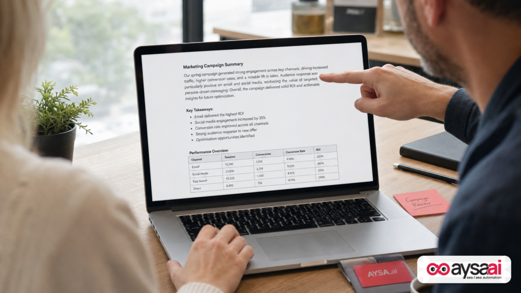 Laptop screen with a structured answer block: heading, short paragraph, bullets, and a small table for easy extraction.