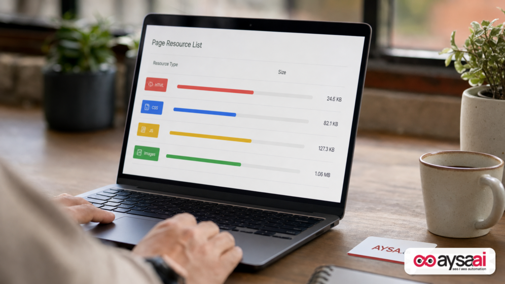 Laptop showing a simplified breakdown of page bytes by resource type