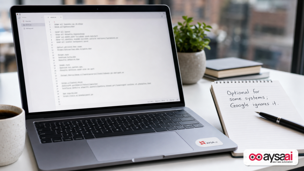 Laptop with a blurred plain-text file representing llms.txt and a note that Google ignores it.