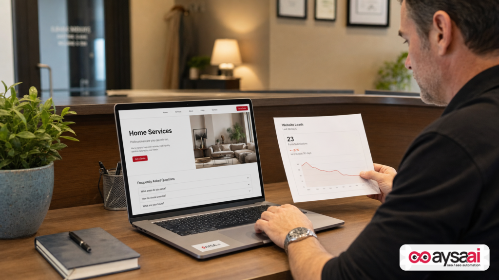 Local business manager reviewing fewer website leads after a Google update on a laptop at the office.