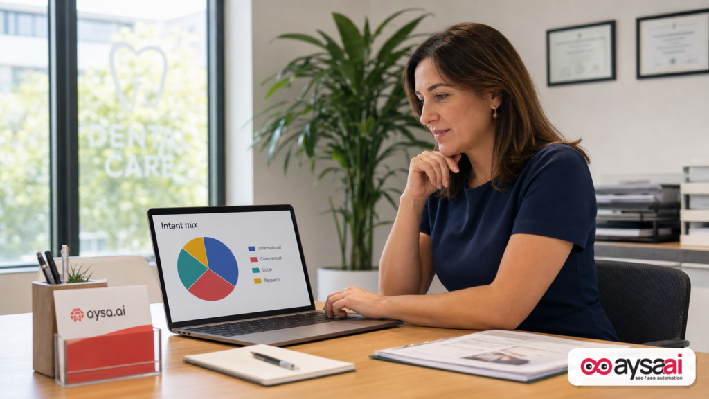 Local business staff reviewing a generic intent mix chart on a laptop.