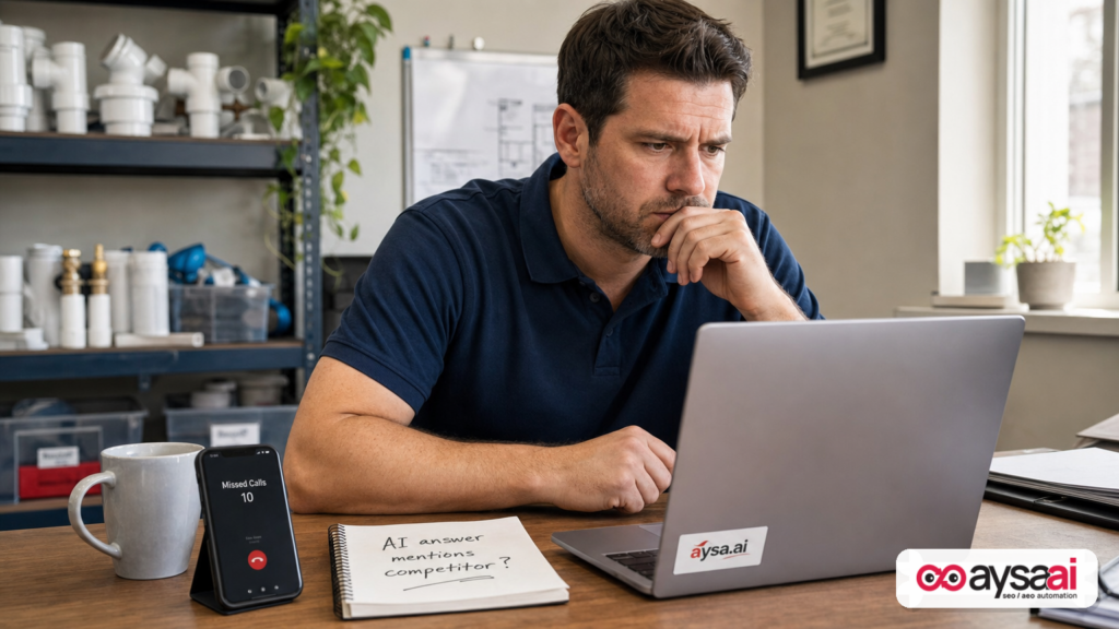 Local service owner reviewing AI search visibility on a laptop with missed calls nearby.