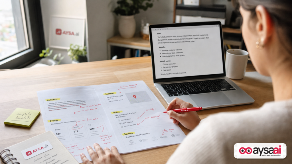 Marked-up content drafts focused on making specific passages clearer and more citable for AI search.
