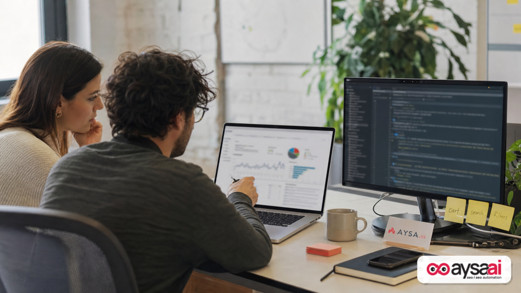 Marketer and developer reviewing bot traffic patterns affecting cart and search endpoints.