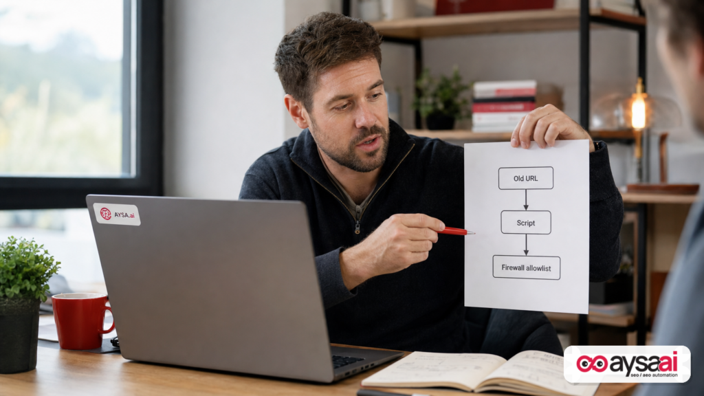 Marketer and engineer reviewing a workflow for updating Google crawler IP allowlists after a file location change.