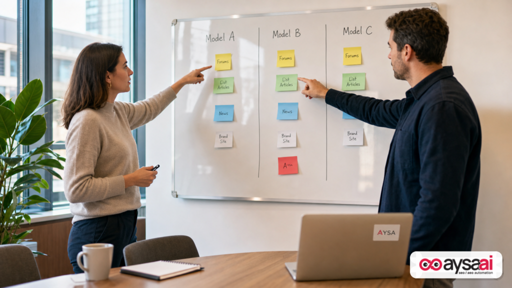 Marketer and founder mapping different AI models to different content sources on a whiteboard.