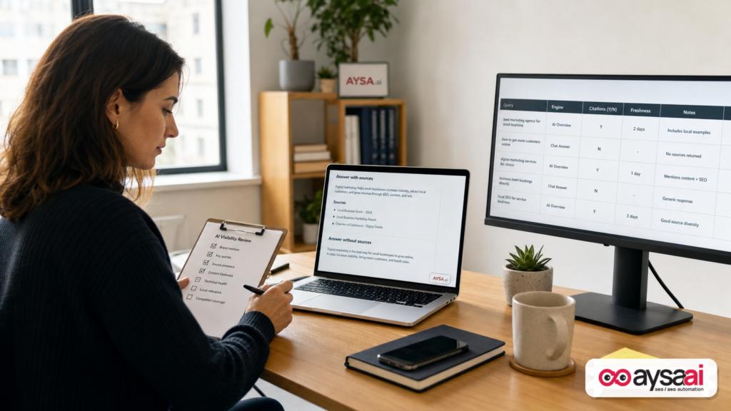 Marketer auditing AI answers for citations and freshness using a checklist and spreadsheet.