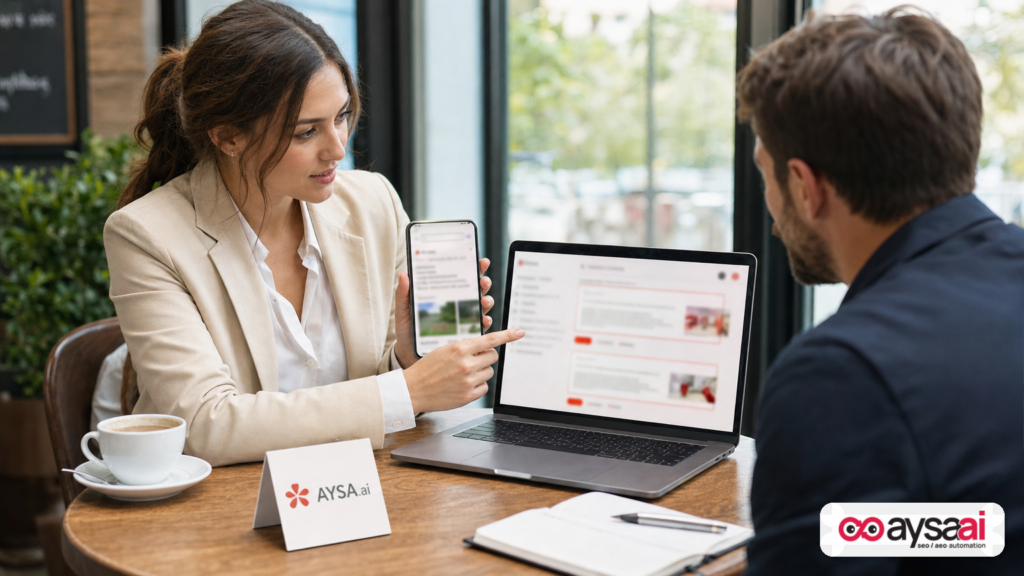 Marketer comparing AI answers and search results on a phone and laptop during a working session.