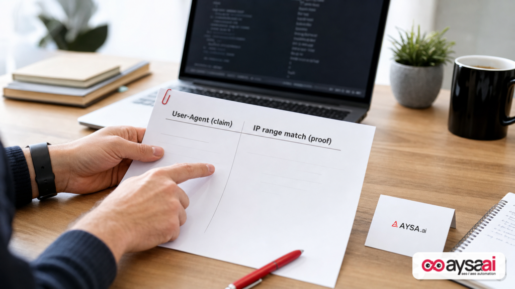 Marketer comparing a bot’s user-agent claim with IP verification proof on a simple worksheet.