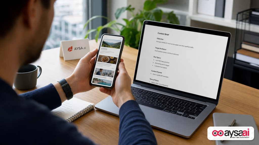 Marketer comparing a mobile content feed to a content brief to explain Discover’s feed-based behavior.