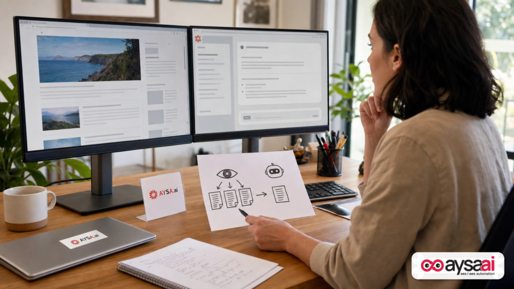 Marketer comparing a website page with an AI assistant answer to illustrate bots reading the web on users’ behalf.