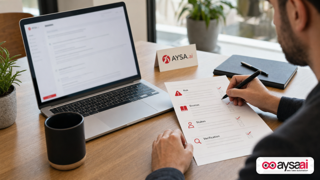 Marketer comparing an AI prompt on a laptop with a judgment checklist on paper.
