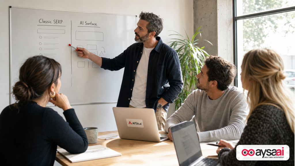 Marketer comparing classic search results and AI search surfaces on a whiteboard.