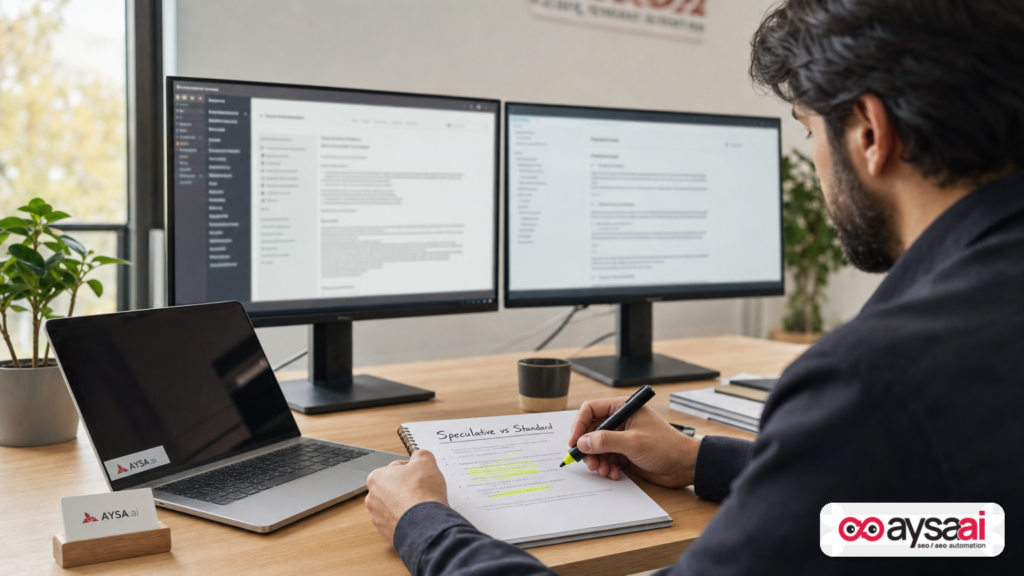 Marketer comparing developer guidance with search guidance while taking notes about speculative standards.