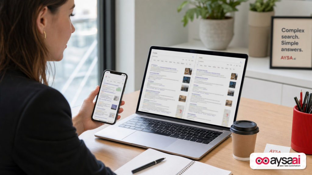 Marketer comparing mobile and desktop search experiences across languages.